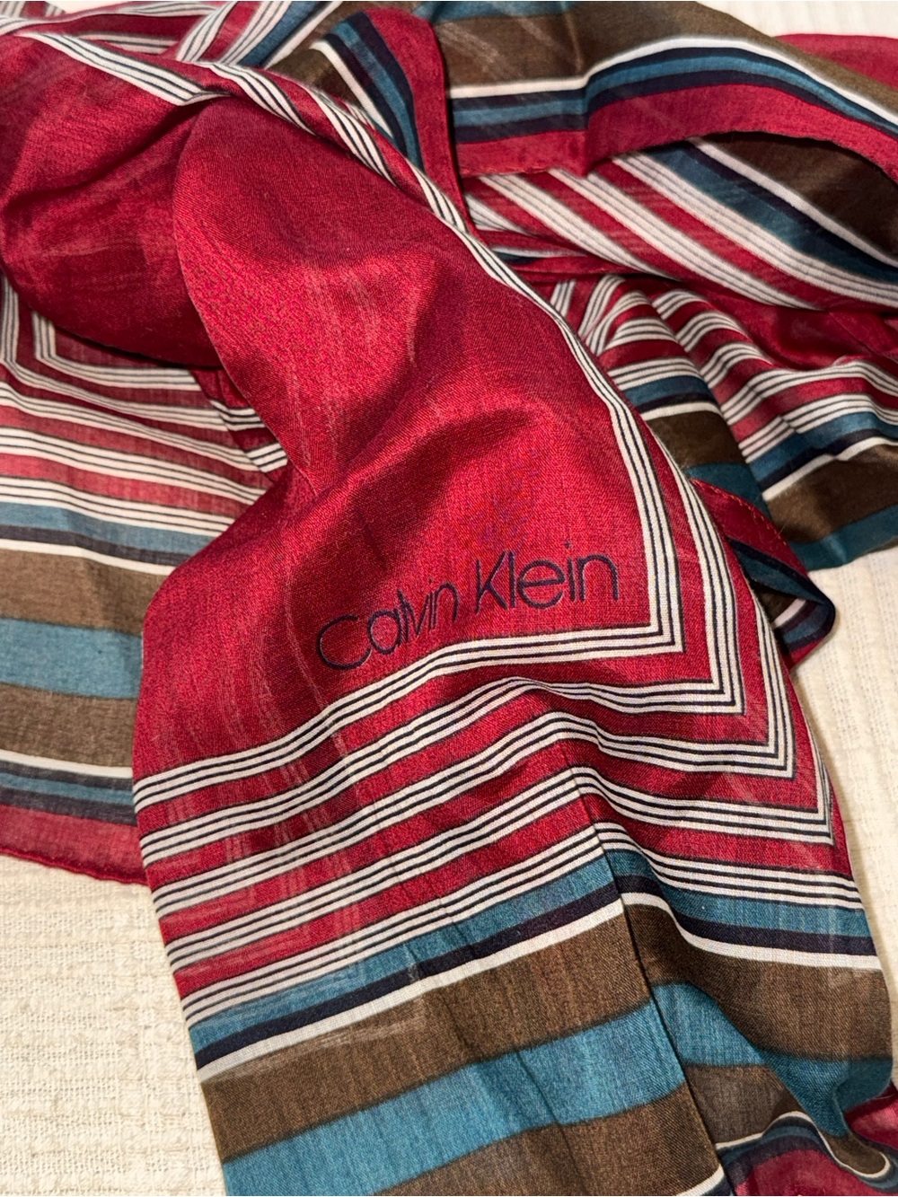 Vintage Calvin Klein Striped Scarf - 1980s Burgundy Teal Cotton Voile Rectangle